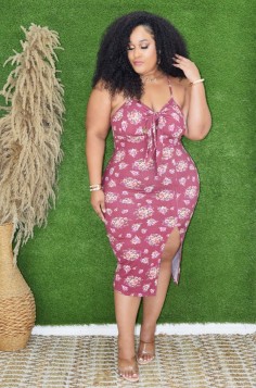 FLORAL MELODY TIE FRONT MIDI DRESS PLUS