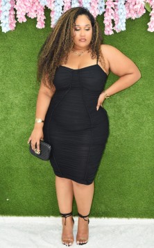 SERENE LINES RUCHED MESH MIDI DRESS PLUS GRAND BAZAAR