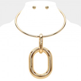 Oversized Metal Open Oval Accented Statement Necklace GB