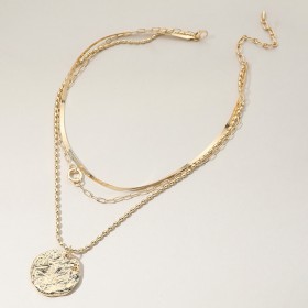 Textured Medal Pendant Triple Layered Necklace GB