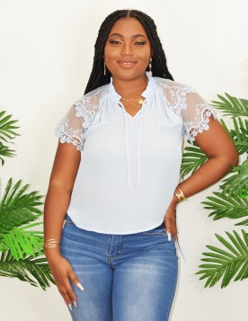 LACE SLEEVE TIE NECK BLOUSE