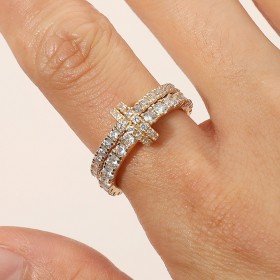 Stone Paved Interlocking Double Band Ring